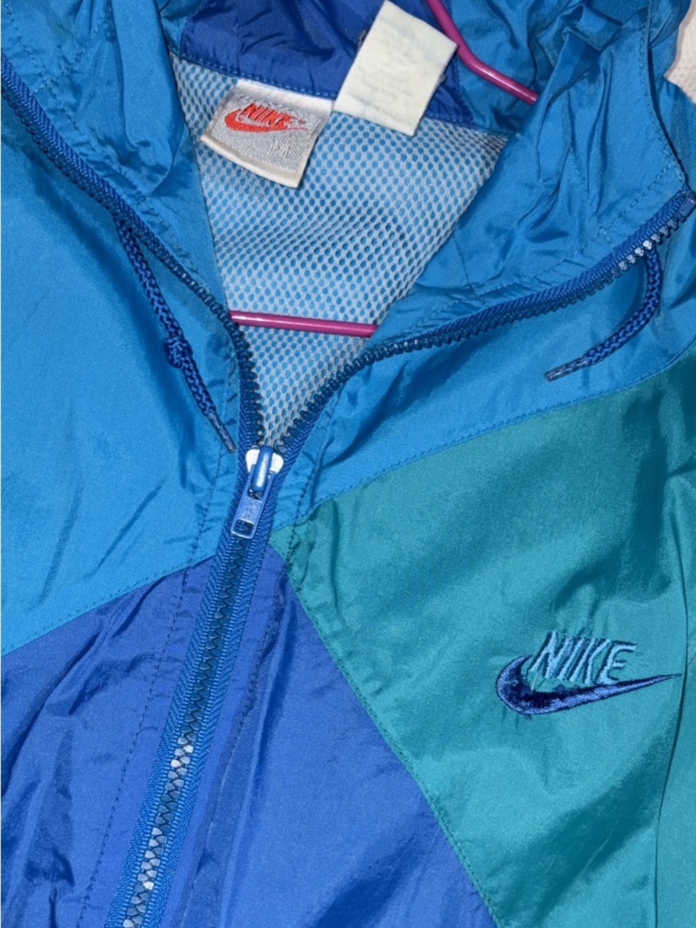 Nike Teal and Blue Colorblock Raincoat with Hood